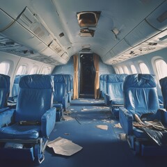 A Distressed Aircraft Interior: Rows of Blue Seats and Debris Littered Aisle, Featuring Evocative Decay and a Sense of Abandonment