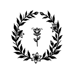 Botanical frame with a central flower illustration in a minimalist black and white style