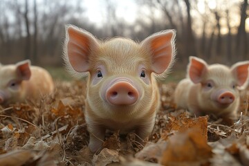 Adorable Piglets in Autumn