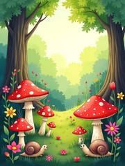 whimsical watercolor illustration lush forest floor teeming intricately drawn mushrooms colorful flowers slimy snails