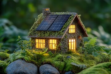 Fototapeta premium Miniature eco-friendly home nestled in mossy rocks.