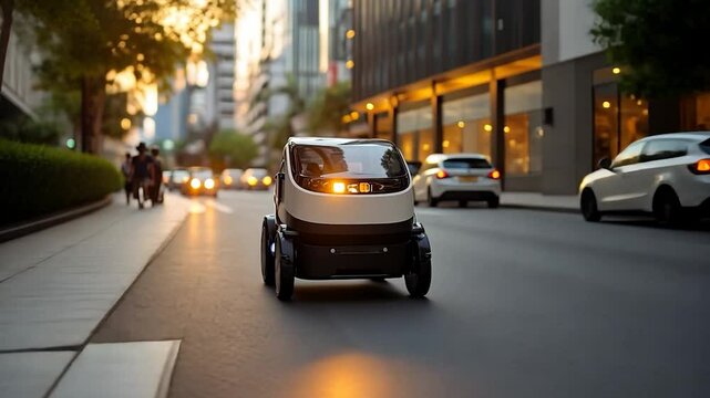 A small autonomous delivery robot navigates a city street at sunset.  Warm light illuminates the robot and the urban background, showcasing pedestrians and parked cars. The scene depicts a futuristic