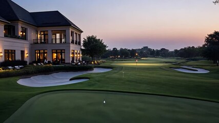Evening view of a golf course with a luxurious clubhouse at sunset.  The green fairway extends towards the horizon, with a sand trap visible in the foreground.  Warm lighting illuminates the