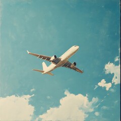 Obraz premium Airplane Ascending: An artistic rendition of a passenger plane soaring through a serene, sunlit sky, punctuated by fluffy white clouds, rendered in a painterly style.
