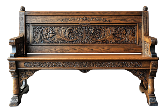 Intricately carved wooden bench rich dark brown oak detailed floral and leaf patterns elegant antique on transparent background