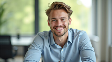 Smiling man in casual shirt sitting near window
