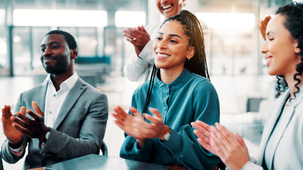 Applause, presentation and business people in office with achievement, meeting or target. Happy,...