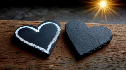Close-up of two black chalk hearts on rustic wooden surface with sunlit background and warm lighting