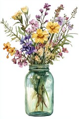 Obraz premium Watercolor Flower Bouquet in Mason Jar