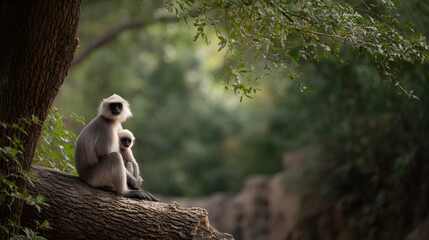 Obraz premium Gray Langur Monkey Affectionate Embrace Tender Moment Wildlife Encounter Primate Love Jungle Scene Motherhood in Nature Precious Bond 