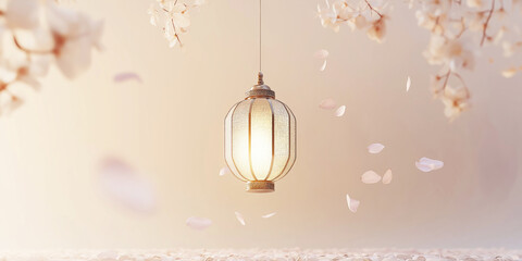 Trendy lantern with fall of rose gold petals, a stylish timeless still life background