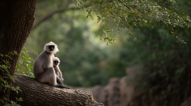 Gray Langur Monkey Affectionate Embrace Tender Moment Wildlife Encounter Primate Love Jungle Scene Motherhood in Nature Precious Bond
 - Powered by Adobe