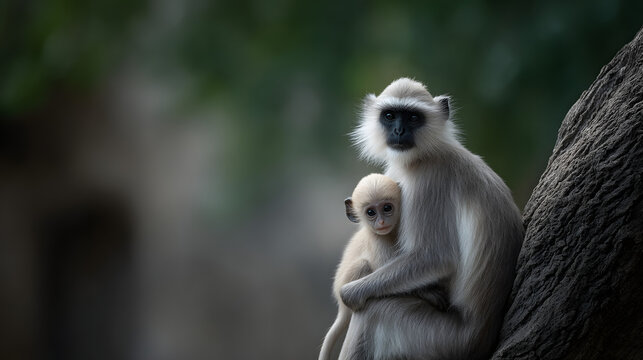 Gray Langur Monkey Affectionate Motherhood Tender Moment Baby Monkey Held Close Primate Family Wildlife Scene Animal Love Caring Parent
 - Powered by Adobe