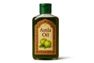 A bottle of Amla oil featuring a green cap and a label with the name and images of Amla fruit. Concept Amla Oil Bottle Design, Green Cap, Amla Fruit Imagery, Eye-catching Label