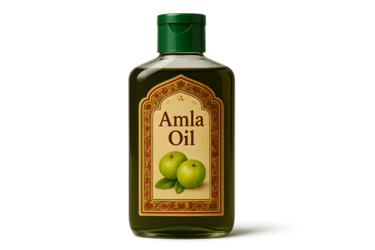 A bottle of Amla oil featuring a green cap and a label with the name and images of Amla fruit. Concept Amla Oil Bottle Design, Green Cap, Amla Fruit Imagery, Eye-catching Label