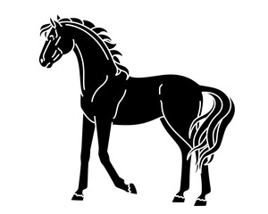Horse, domestic animal symbol 2026 - vector silhouette image for stencil, logo or pictogram. Mare thoroughbred graceful animal with long tail for print or stencil