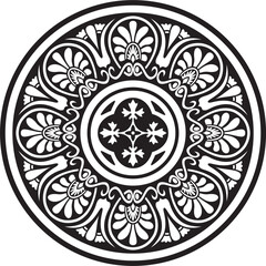Vector black monochrome classic Greek round ornament. Circle of Ancient Greece and the Roman Empire. Byzantine painting of walls, floors and ceilings. Decoration of European palaces.

