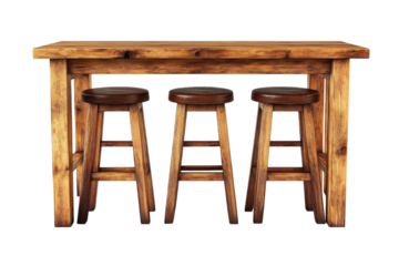 Rustic wooden bar table with three matching stools perfect for a cozy pub or home bar setting Rich warm on transparent background