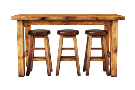 Rustic wooden bar table with three matching stools perfect for a cozy pub or home bar setting Rich warm on transparent background