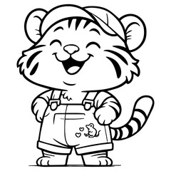 Smiling Cartoon Tiger Cub in Overalls Cute Jungle Character for Kids Design