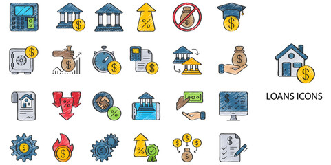 Loans simple concept 24 hand drawn color icons set. Contains such loan, receipt, rent, home, check, bill, payment .Vector illustration.