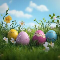 Colorful Easter Egg Collection in Lush Grass with Flowers Against a Blue Sky - A Springtime Celebration of Tradition and Renewal.