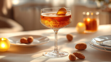Spiced cognac cocktail with nuts elegantly served on refined tableware for a luxurious experience