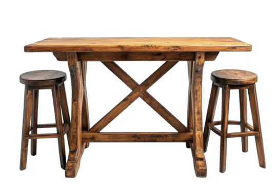 Rustic Wooden Table and Two Stools Set against Black Background Dark rich tones and visible wood grain on transparent background
