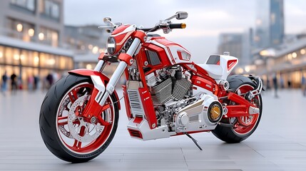 Fototapeta premium Powerful Red and White Custom Motorcycle in City Setting