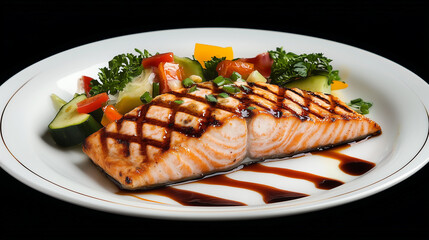 Grilled salmon fillet with fresh vegetables on a black background  