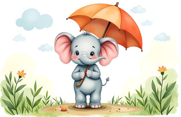 whimsical watercolor depiction playful baby elephant proudly holding oversized umbrella sunny day amidst lush