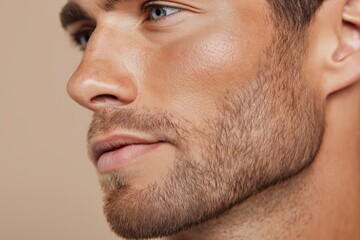 Fototapeta premium Close-up portrait of young caucasian male with beard and blue eyes