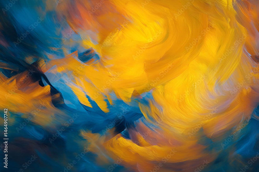 Poster abstract artwork featuring swirling blue and yellow hues creating a dynamic, energetic visual textur