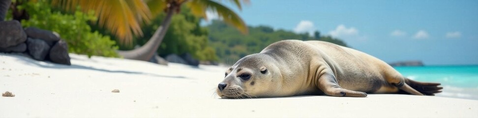 Naklejka premium Harbor seal naps on white sand, palm trees nearby, mammal, rest, sunbathing