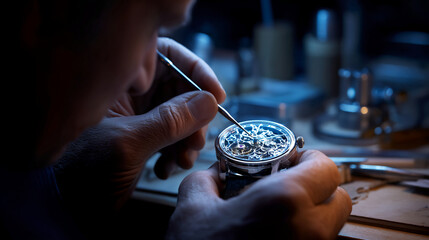 Close-up of hands meticulously repairing a watch mechanism, showcasing precision and craftsmanship, representing expertise and dedication to detail in horology