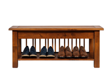 Stylish shoe collection neatly arranged on a rich dark brown wooden shoe rack against a black backdrop on transparent background