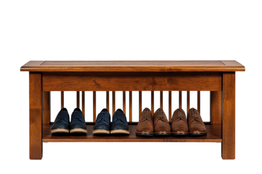 Stylish shoe collection neatly arranged on a rich dark brown wooden shoe rack against a black backdrop on transparent background