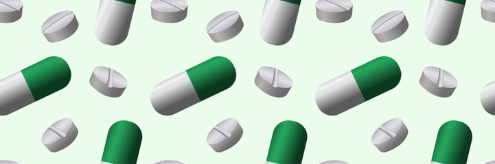 Medication seamless pattern. Green and white pills and capsules background. Medical background in green and white colors.