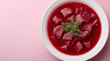 Succulent beetroot borscht with dill, Slavic culinary embrace, vegan celebration, vibrant Vesna harvest festival essence