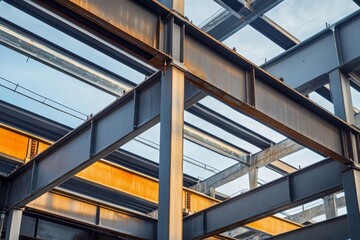Metal beams and girders of a building under construction.