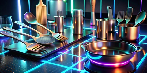 Sleek metallic kitchenware arranged on a vibrant illuminated surface, showcasing modern culinary tools and utensils in a stylish, futuristic setting.