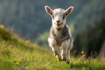 Fototapeta premium A playful baby goat jumping in a sunlit field. Dynamic and energetic — great for use in rural, wholesome, or family-friendly themes.