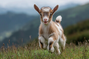 Obraz premium A playful baby goat jumping in a sunlit field. Dynamic and energetic — great for use in rural, wholesome, or family-friendly themes.