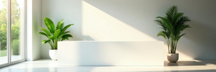 Sunlit white reception desk, lush green plants , sunlit, stylish