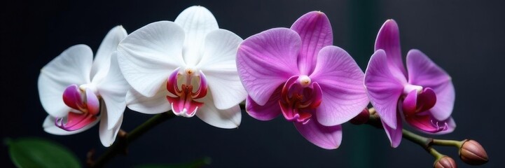 Symmetrical arrangement of white and purple orchids on a stem , orchids, pastel, beauty © Phascharaporn