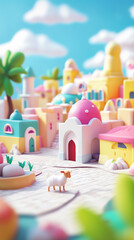 Cute lamb standing in front of mosque, unique eid adha vertical background