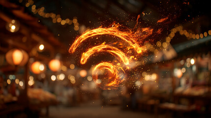 Fiery wifi symbol against a blurred, warm-toned background of lights and bokeh, suggesting a fast, passionate connection