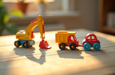 Fototapeta premium shot intricately colorful baby construction toys wooden table softly lit warm golden light