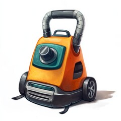 Fototapeta premium Orange and Teal Vacuum Cleaner Cartoon Illustration: A playful depiction of a rolling vacuum cleaner with a retro aesthetic, set against a white backdrop.