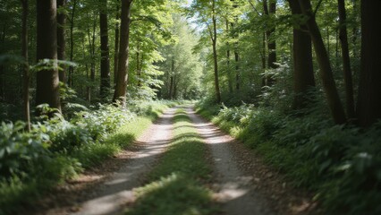Obraz premium Serene Summer Forest Trail with Sunlight Filtering Through Dense Green